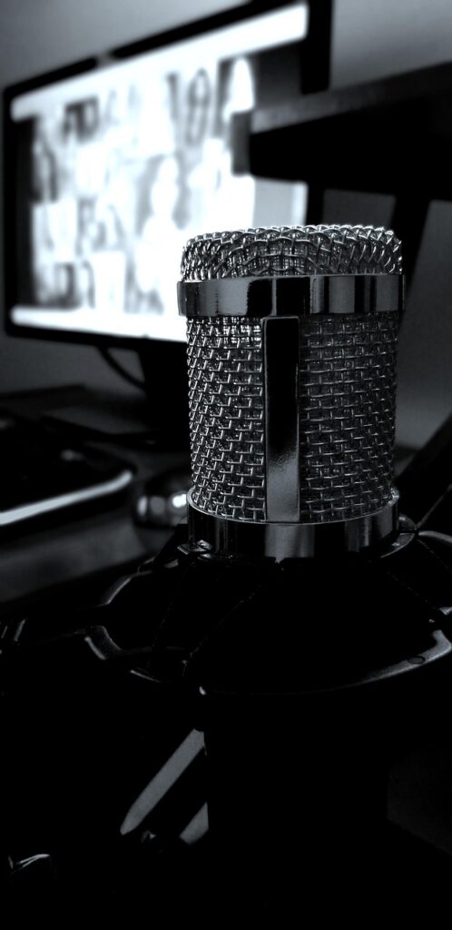 microphone, radio, black, white, poster, black microphone, black radio